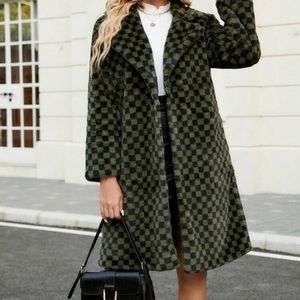 Green and Black Checkered Faux Fur Coat